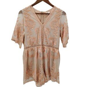 Umgee Womens Floral Embroidered Short Sleeve Rhomper Shorts L Peach V-Neck Boho
